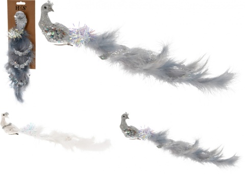 Paw z piór na klipsie szary 34cm z brokatem (010434,057299)