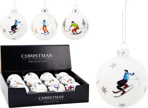 Glass bauble 8cm matt white skiers with Christmas tree (518797)