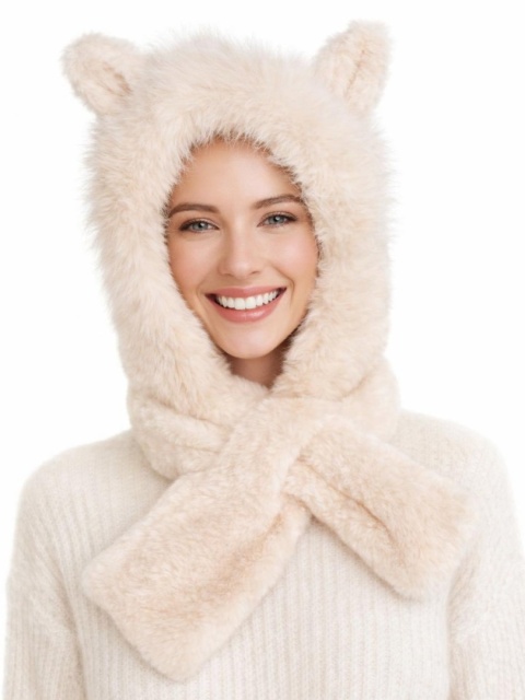 Cream fur scarf with ears (600165399)