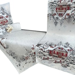 Obrus gobelin Chenille 100x100cm ŚNIEŻNY DOMEK (TX0007-4112)