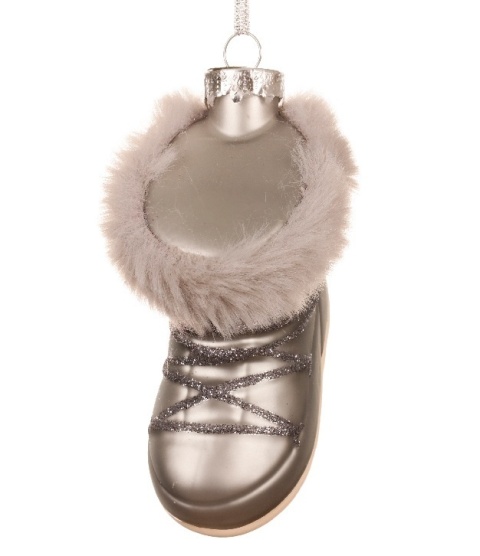 Glass ornament: Gray shoe with fur (121823)