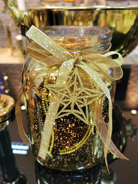 Szkło ozdobne złote 19cm nakrapiane wysokie z drewn. gwiazdką (WT0137) h:19*11*11cm-20%