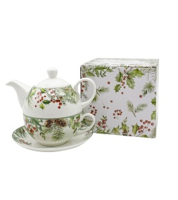 Filiżanka z dzbankiem i spodkiem porcelana Christmas Leaves ozdobne pudełko