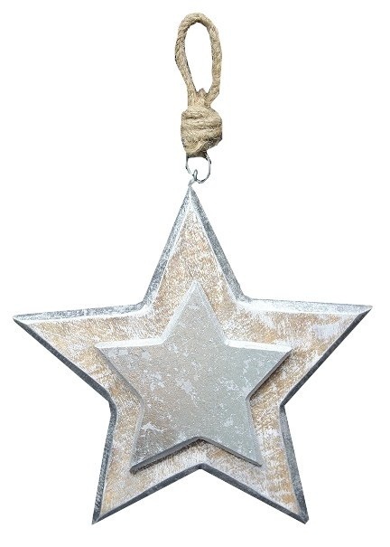 Zawieszka gwiazdka drewniana przecierana srebrna mała 12cm (CH1-07632)-20%
