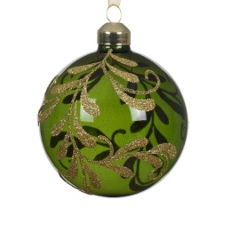 Glass bauble 8cm transparent green, gold glitter (070650)
