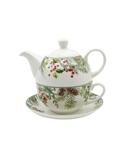 Filiżanka z dzbankiem i spodkiem porcelana Christmas Leaves ozdobne pudełko