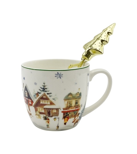 Kubek porcelana 460ml z metalowym zaparzaczem Christmas Village ozdbne pudełko