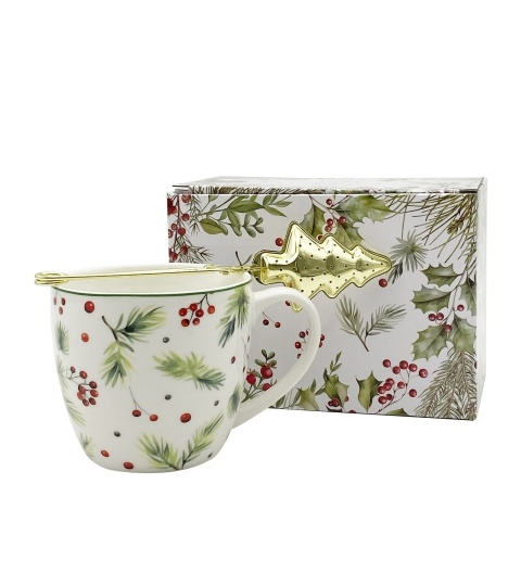 Kubek porcelana 460ml z metalowym zaparzaczem Christmas Leaves ozdobne pudełko