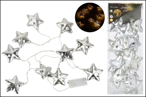 Lampki 10LED srebrne gwiazdki b.ciepłe bat. (IX759L-65)