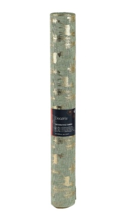 Materiał dekoracyjny len khaki złote renifery i choinki (463453) 35x200cm