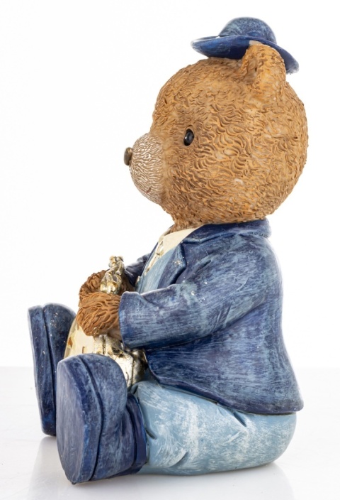Teddy bear with a watch sitting in a blue suit, polyresin (180943)-20%