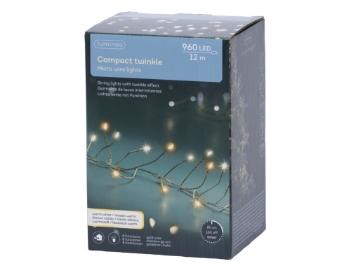 960-LED garland, gold wire, warm white/amber, 8 functions, 12m, timer (496709), indoor/outdoor