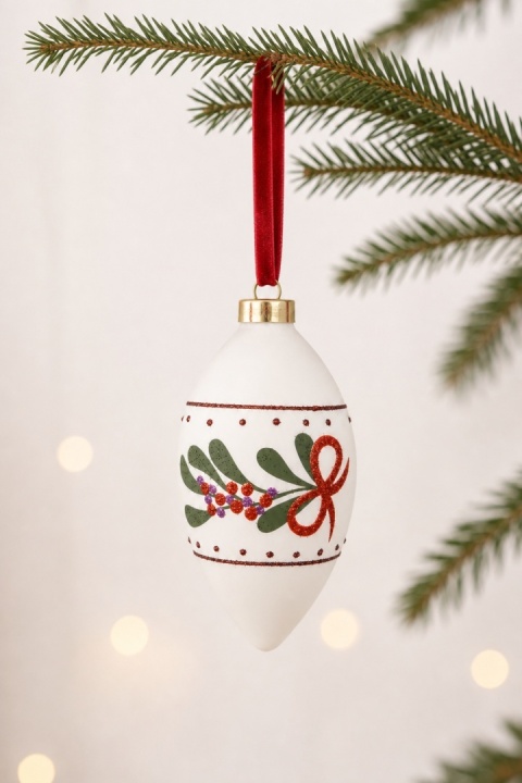 Matte white glass icicle with a sprig and a bow (071509)