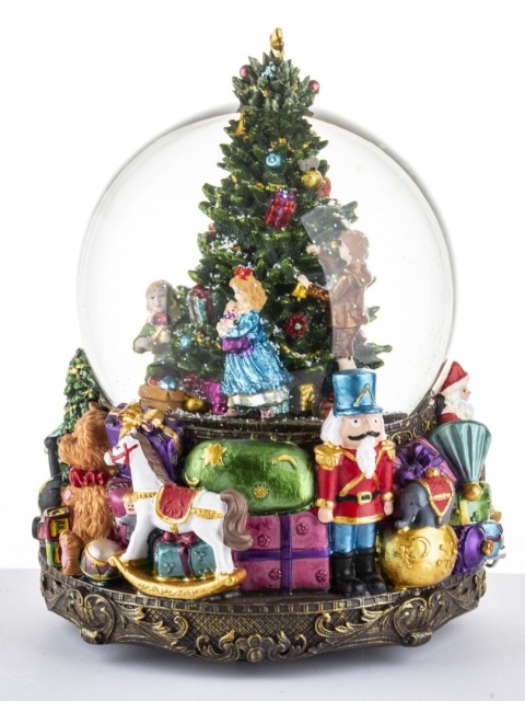 15 cm water globe with LED scene, swirling snow, and music box (131598) 2xAA batteries.