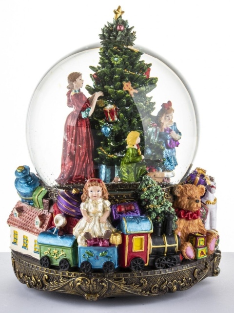 15 cm water globe with LED scene, swirling snow, and music box (131598) 2xAA batteries.