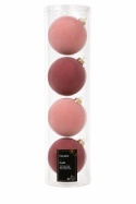 Set of 4 glass baubles, 10 cm diameter, velvet finish, mixed pink shades (062289)