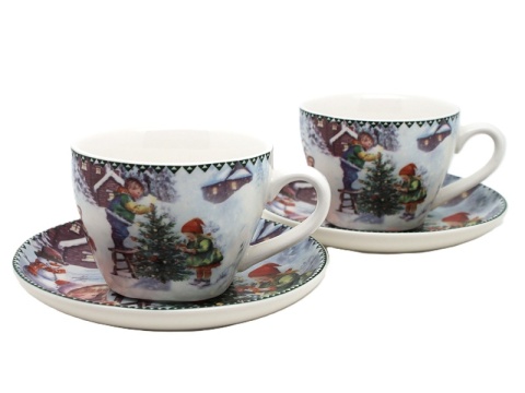 Kpl. 2-ch filiżanek z talerzykami ceramicznymi "świąteczny czas" (PG-19437) w ozdobnym pudełku