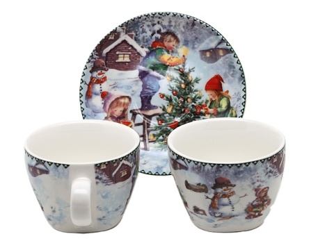Kpl. 2-ch filiżanek z talerzykami ceramicznymi "świąteczny czas" (PG-19437) w ozdobnym pudełku