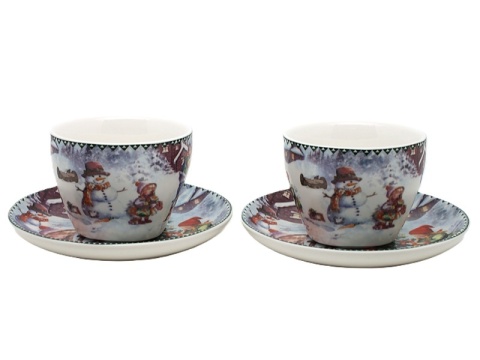 Kpl. 2-ch filiżanek z talerzykami ceramicznymi "świąteczny czas" (PG-19437) w ozdobnym pudełku