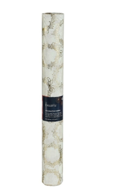 Materiał dekoracyjny ecru len złote wianki (463453) 35x200cm