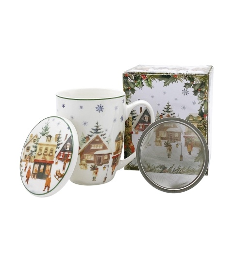 Kubek porcelana z zaparzaczem Christmas Village ozdobne pudełko