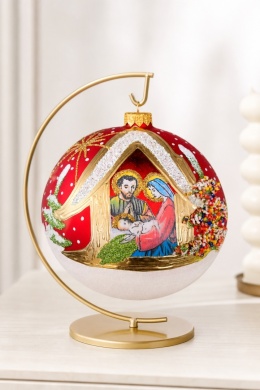 150mm matte red glass bauble with Holy Family (single piece)