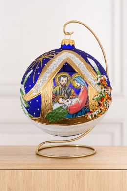 150mm matte navy blue glass bauble with Holy Family (single piece)