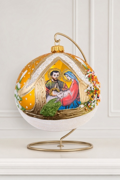 150mm matte gold glass bauble with the Holy Family (single piece)