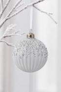 8cm ribbed light grey glass bauble with glitter (071270)