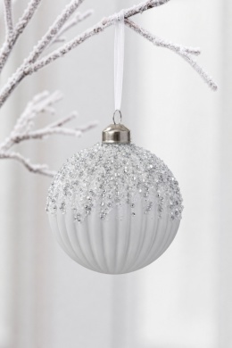 8cm ribbed light grey glass bauble with glitter (071270)