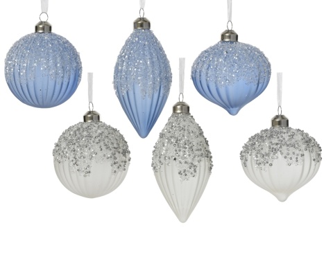 8cm ribbed light grey glass bauble with glitter (071270)