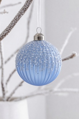 8cm ribbed glass bauble, ice blue with glitter (071270)