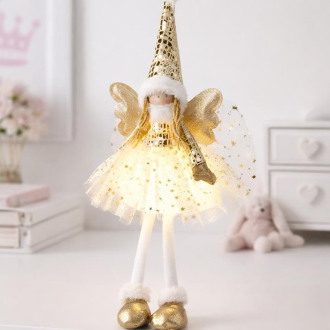 Aniołek siedzący 60cm beżowa tiulowa sukienka LED (AMA000520)