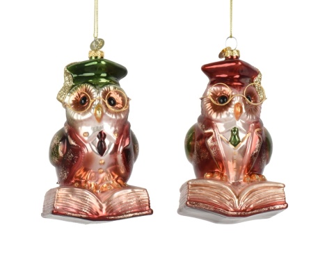 Glass ornament: Owl on a book with a burgundy hat (124010)