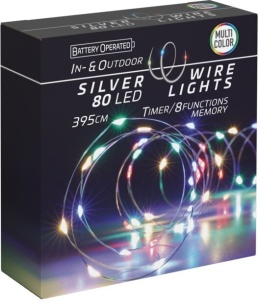 Lampki na druciku 80LED zewnętrzne kolorowe 8 funkcji+ timer 395cm na baterie (AX9732720)