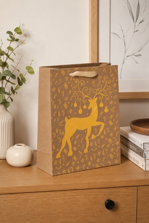 Torebka na prezenty mała złoty renifer (158886) h:23x18x10cm