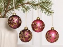 8cm dark pink glass bauble with a gold snowflake and pearls (071579)