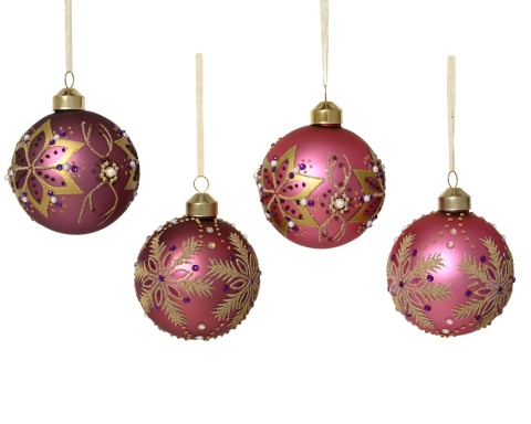 8cm dark pink glass bauble with a gold snowflake and pearls (071579)