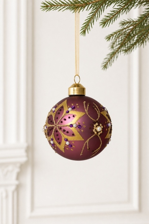 8 cm dark pink glass bauble with a gold flower and stones (071579)