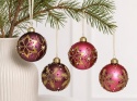 8 cm dark pink glass bauble with a gold flower and stones (071579)