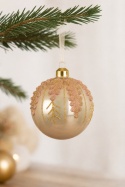8cm glass bauble, ecru opal finish, rose-gold glitter twig design (071495)