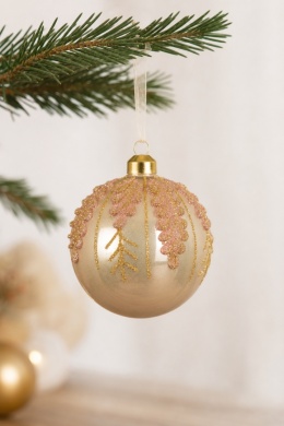 8cm glass bauble, ecru opal finish, rose-gold glitter twig design (071495)