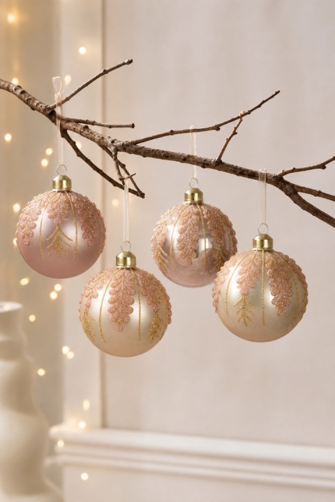 8cm glass bauble, ecru opal finish, rose-gold glitter twig design (071495)