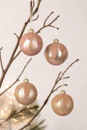 8cm glass bauble, ecru opal finish, rose-gold glitter twig design (071495)