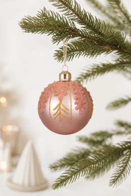 8cm glass bauble, matte pink, rose-gold glitter branches (071495)