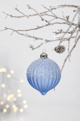 Bombka szklana bączek karbowany ice blue z brokatem (071270)
