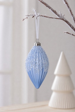 Bombka szklana sopel karbowany ice blue z brokatem(071270)