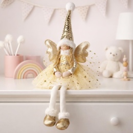 Aniołek siedzący 60cm beżowa tiulowa sukienka LED (AMA000520)