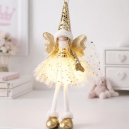 Aniołek siedzący 60cm beżowa tiulowa sukienka LED (AMA000520)