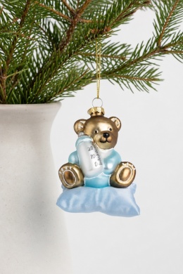 Glass ornament: Teddy bear on a blue cushion (121831)